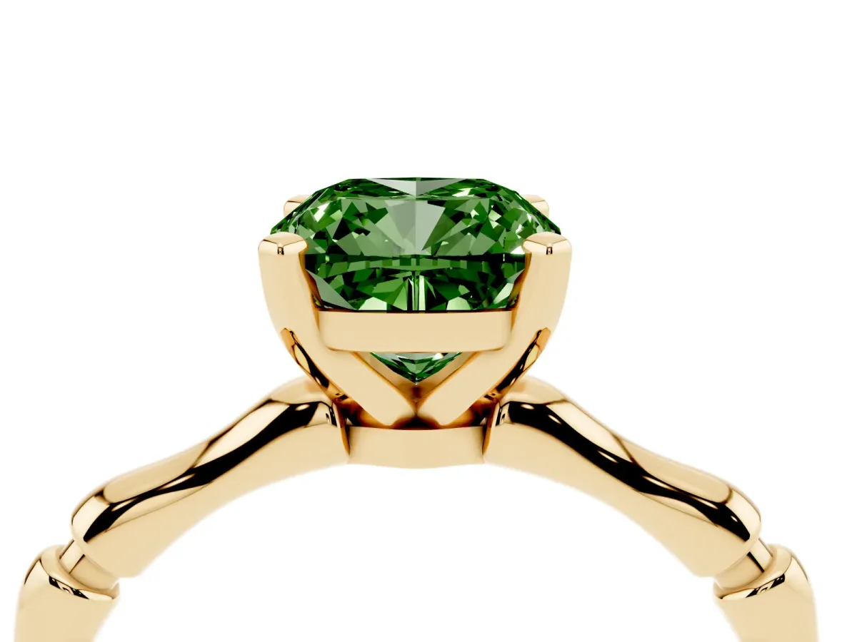Fancy Green Cushion Cut Solitaire Diamond Ring with Bamboo Band and Four-Prong Setting Yellow gold