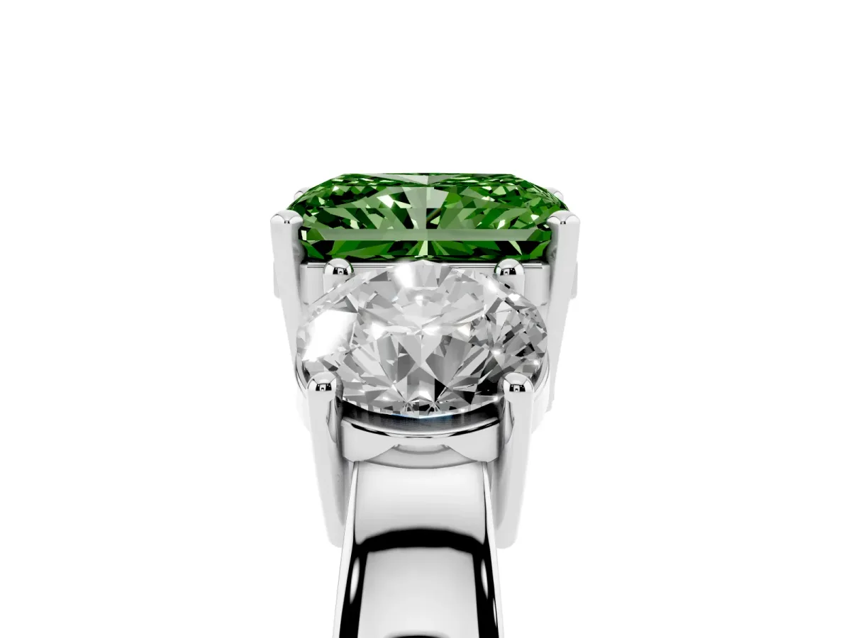 Fancy Green Three-Stone Radiant Cut Diamond Ring with Round Side Stones, Classic Band, and Four-Prong Setting White gold