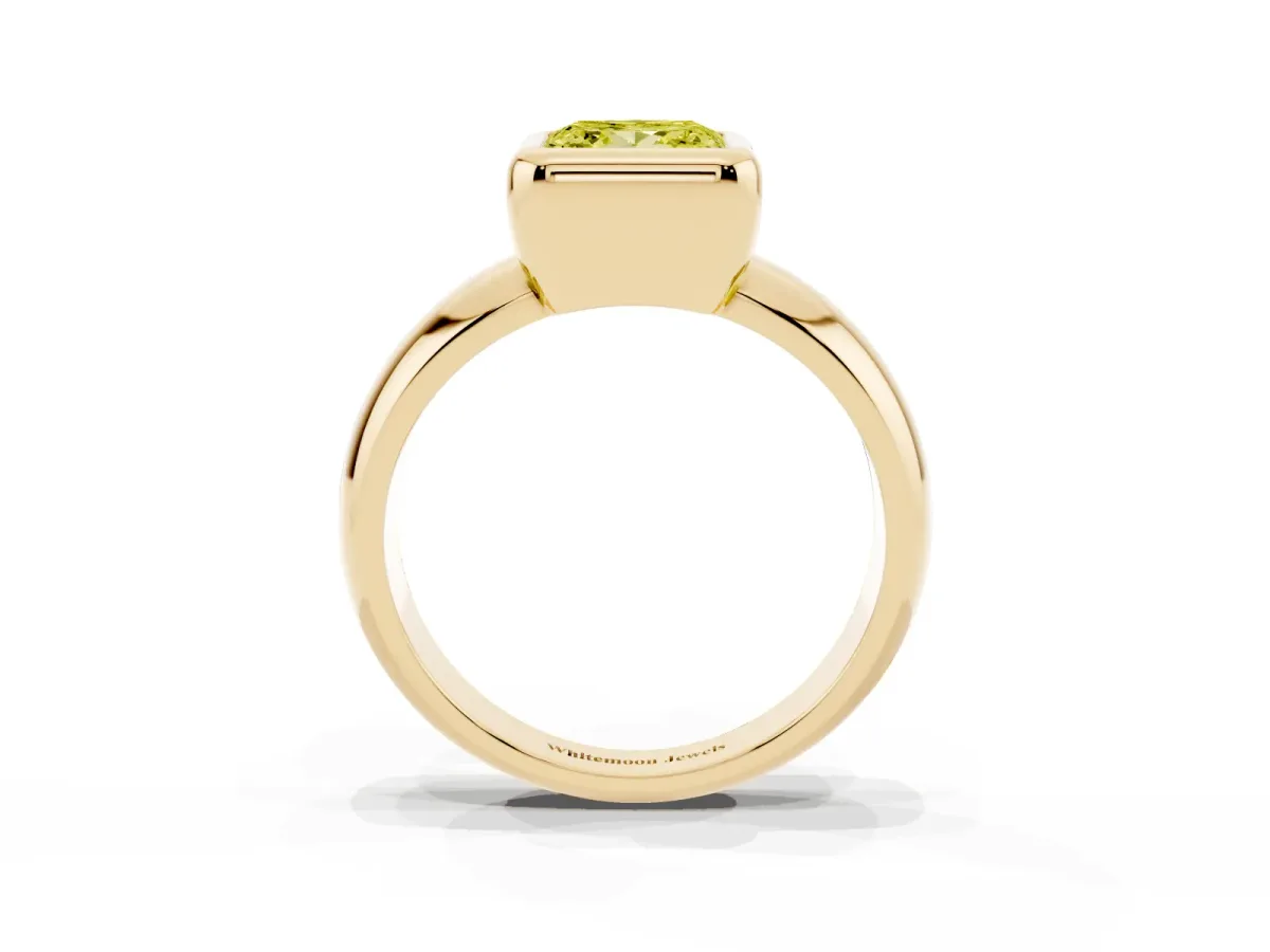 Fancy Yellow Bezel Set Princess Cut Solitaire Ring with Wide Band Yellow gold