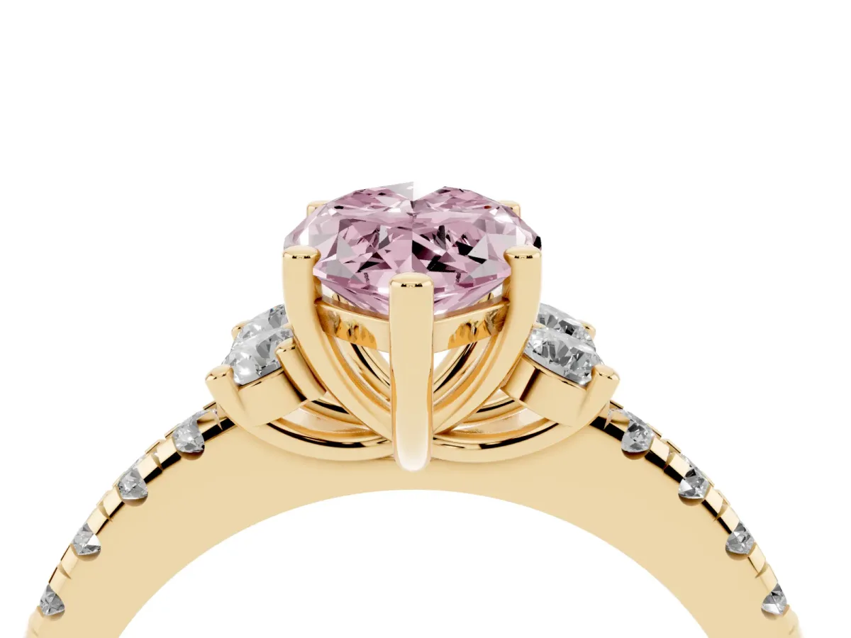 Fancy Pink Marquise Cut Diamond Three-Stone Pave Band with Four-Prong Setting Yellow gold
