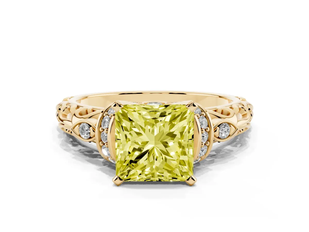 Fancy Yellow Princess Cut Diamond Solitaire Ring with Filigree Band and Four-Prong Setting Yellow gold