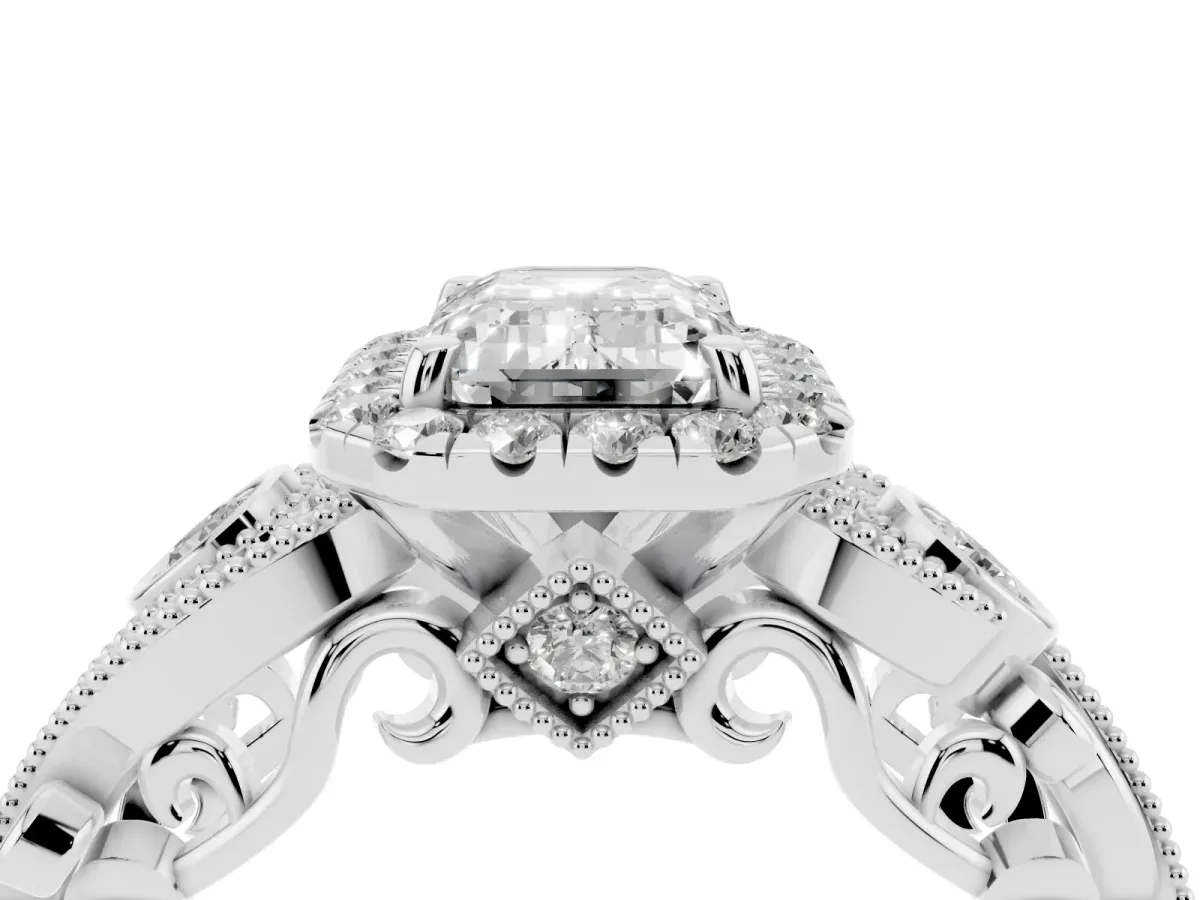 Emerald Cut Halo Diamond Ring with Milgrain and Bezel Accents on a Split Shank Band Silver