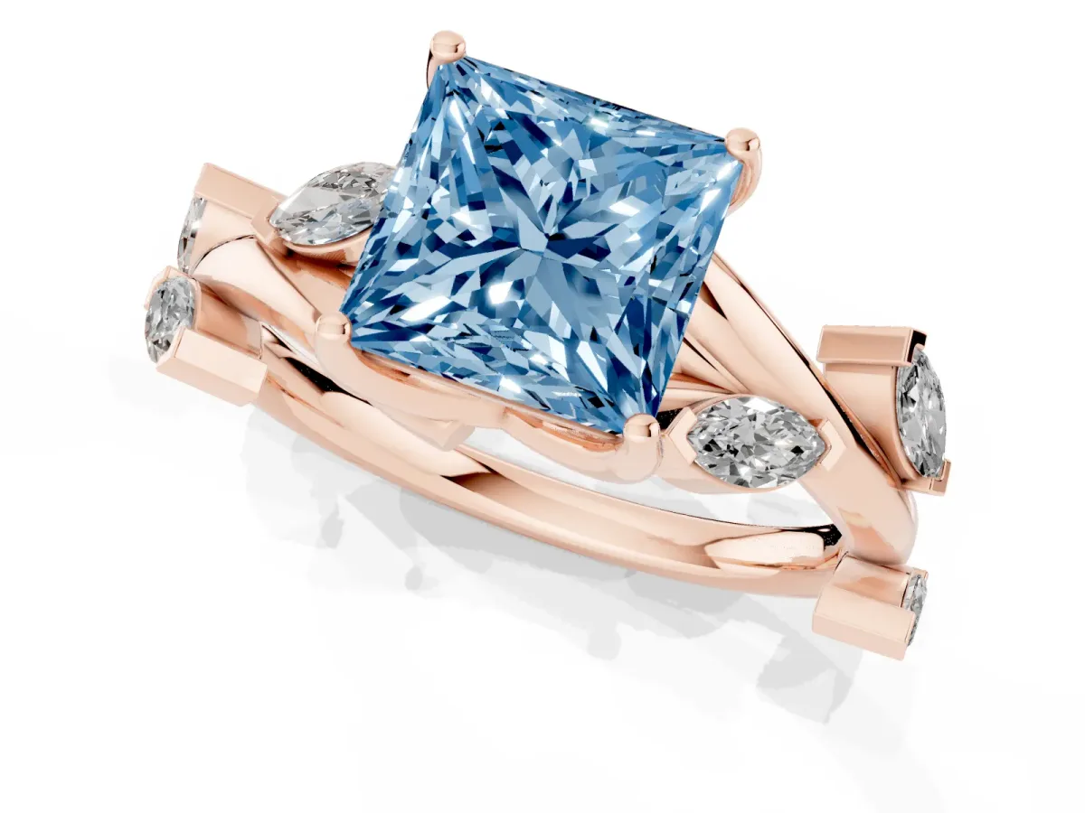 Fancy Blue Princess Cut Solitaire Twisted Band Marquise Accent Prong Setting Ring Rose gold