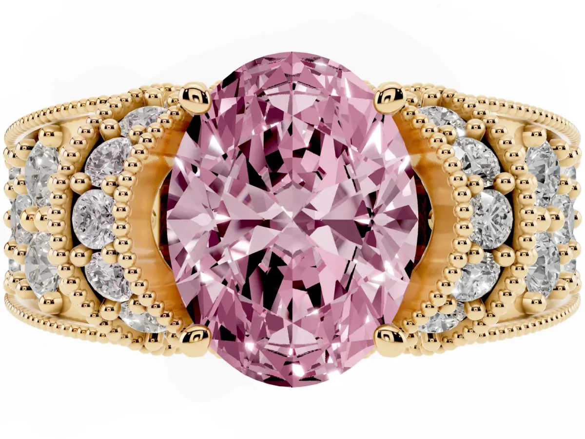 Fancy Pink Oval Cut Halo Pave Diamond Engagement Ring with Milgrain Detailing Yellow gold