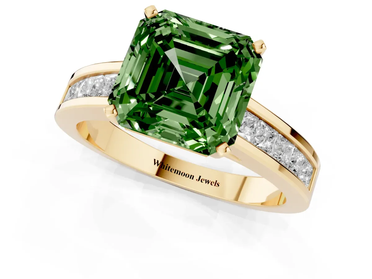 Fancy Green Asscher Cut Solitaire Diamond Ring with Channel-Set Band and Four-Prong Setting Yellow gold