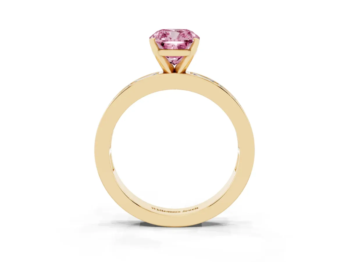 Fancy Pink Cushion Cut Solitaire Diamond Ring with Channel-Set Baguette Band and Four-Prong Setting Yellow gold