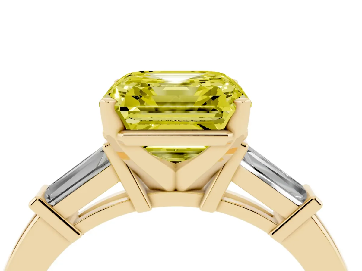 Fancy Yellow Asscher Cut Cut Diamond Solitaire Ring with Tapered Baguette Accents and Four-Prong Setting Yellow gold