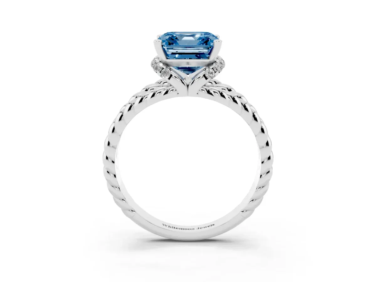 Fancy Blue Asscher Cut Halo Twisted Band Four-Prong Ring Silver