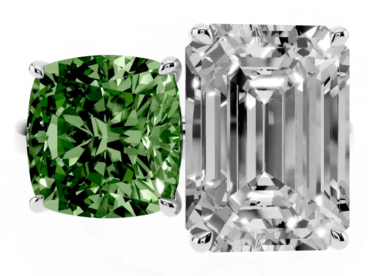 Fancy Green Cushion Cut and Emerald Cut Toi Moi Ring with Prong Setting Silver