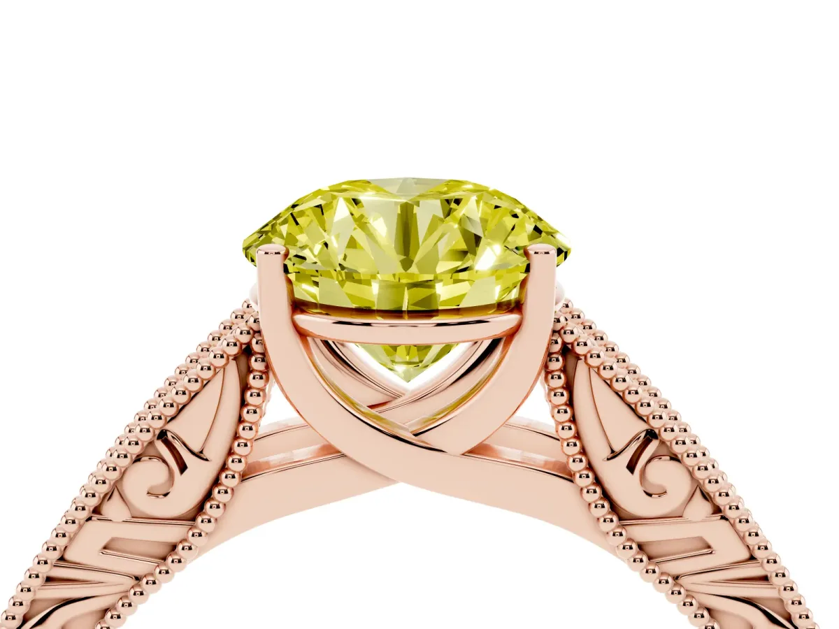 Fancy Yellow Round Cut Diamond Solitaire Ring with Engraved Band and Four-Prong Setting Rose gold