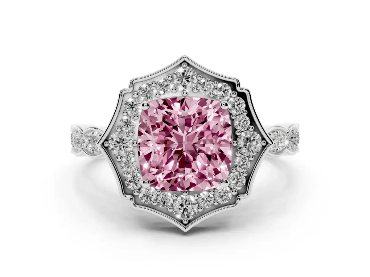 Fancy Pink Cushion Cut Halo Diamond Engagement Ring with Milgrain Band and Four-Prong Setting Silver