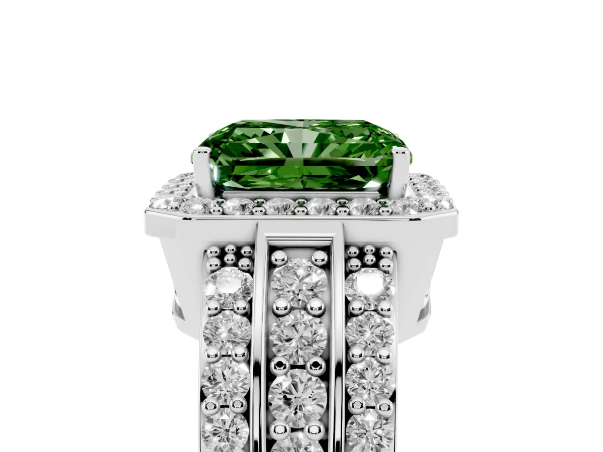 Fancy Green Radiant Cut Halo Diamond Ring with Round Split Shank and Prong Setting Platinum