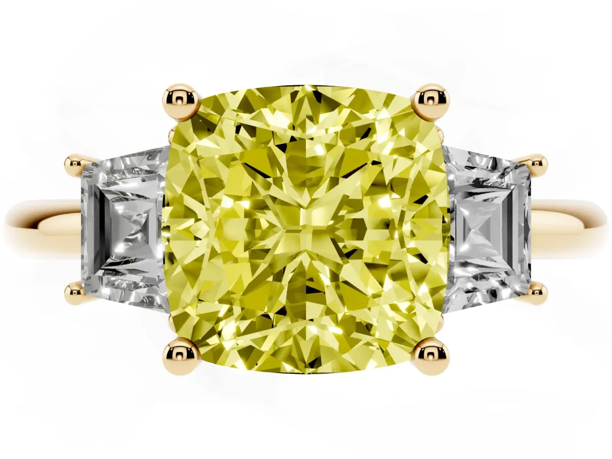 Fancy Yellow Cushion Cut Diamond Three-Stone Ring with Trapezoid Side Stones and Prong Setting Yellow gold