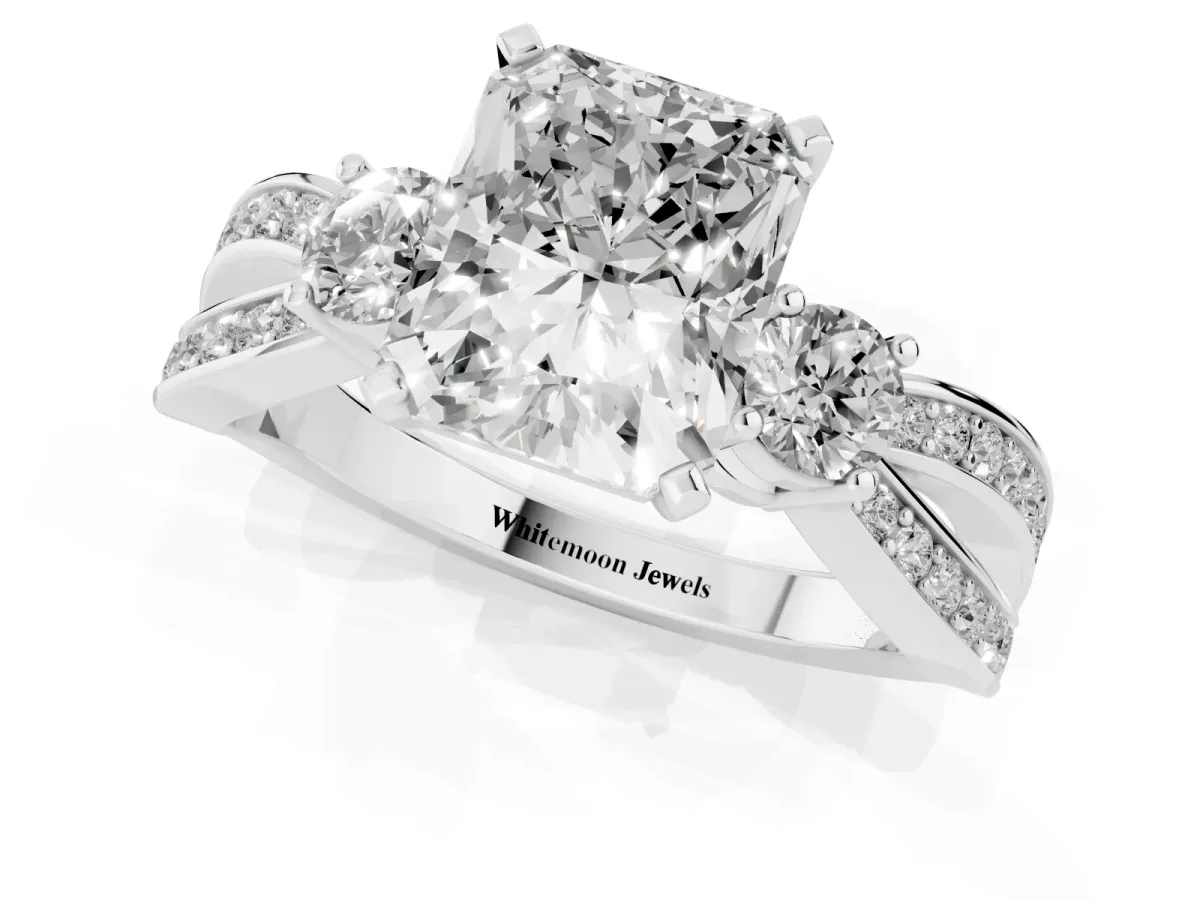 Three-Stone Radiant Cut Cut Diamond Twist Band with Prong Setting Silver