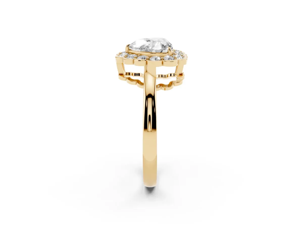 Heart Cut Halo Cluster Diamond Engagement Ring with Solitaire Band and Prong Setting Yellow gold