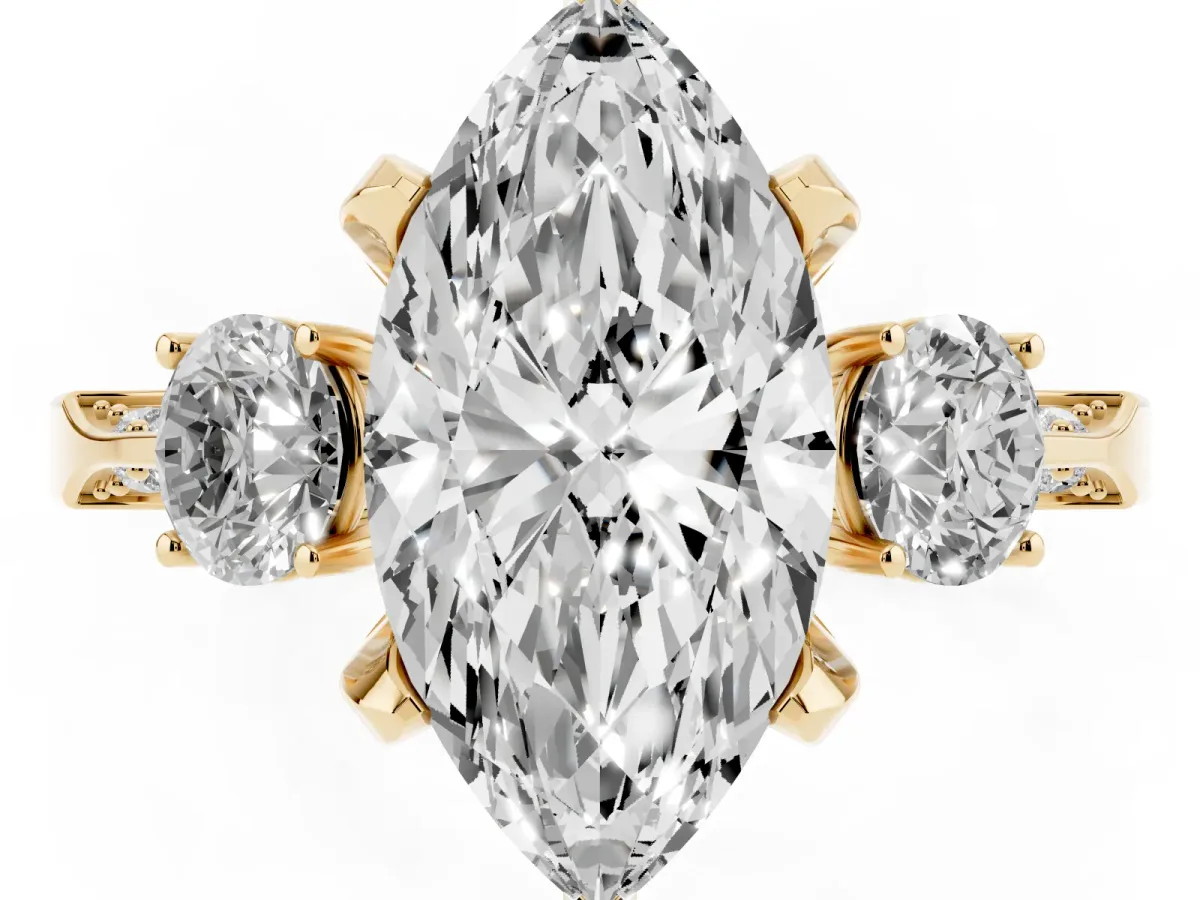 Marquise Cut Brilliant Three-Stone Diamond Ring with Pavé Band and Four-Prong Setting Yellow gold