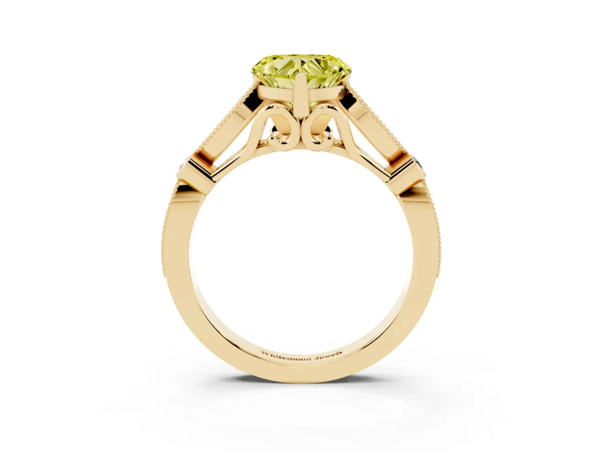 Fancy Yellow Heart Cut Cut Diamond with Milgrain Marquise and Bezel Accents on a Solitaire Band with Prong Setting Yellow gold