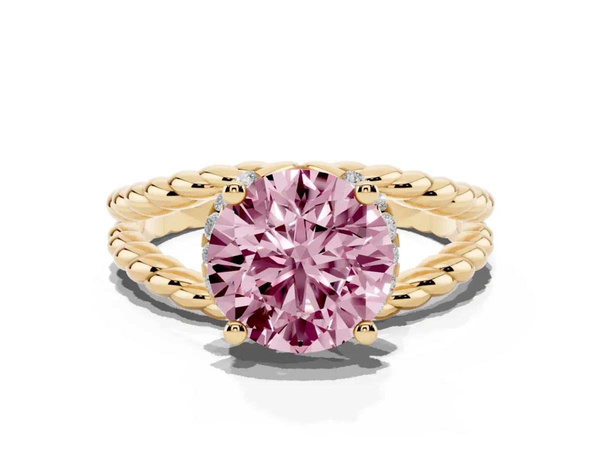 Fancy Pink Round Cut Halo Twisted Band Four-Prong Ring Yellow gold