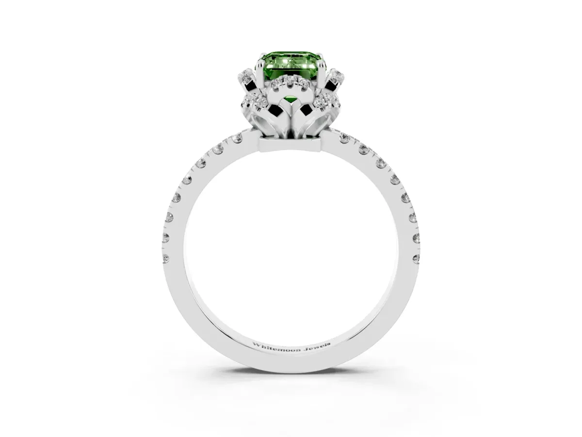Fancy Green Emerald Cut Halo Diamond Pave Band Ring with Four-Prong Setting Silver