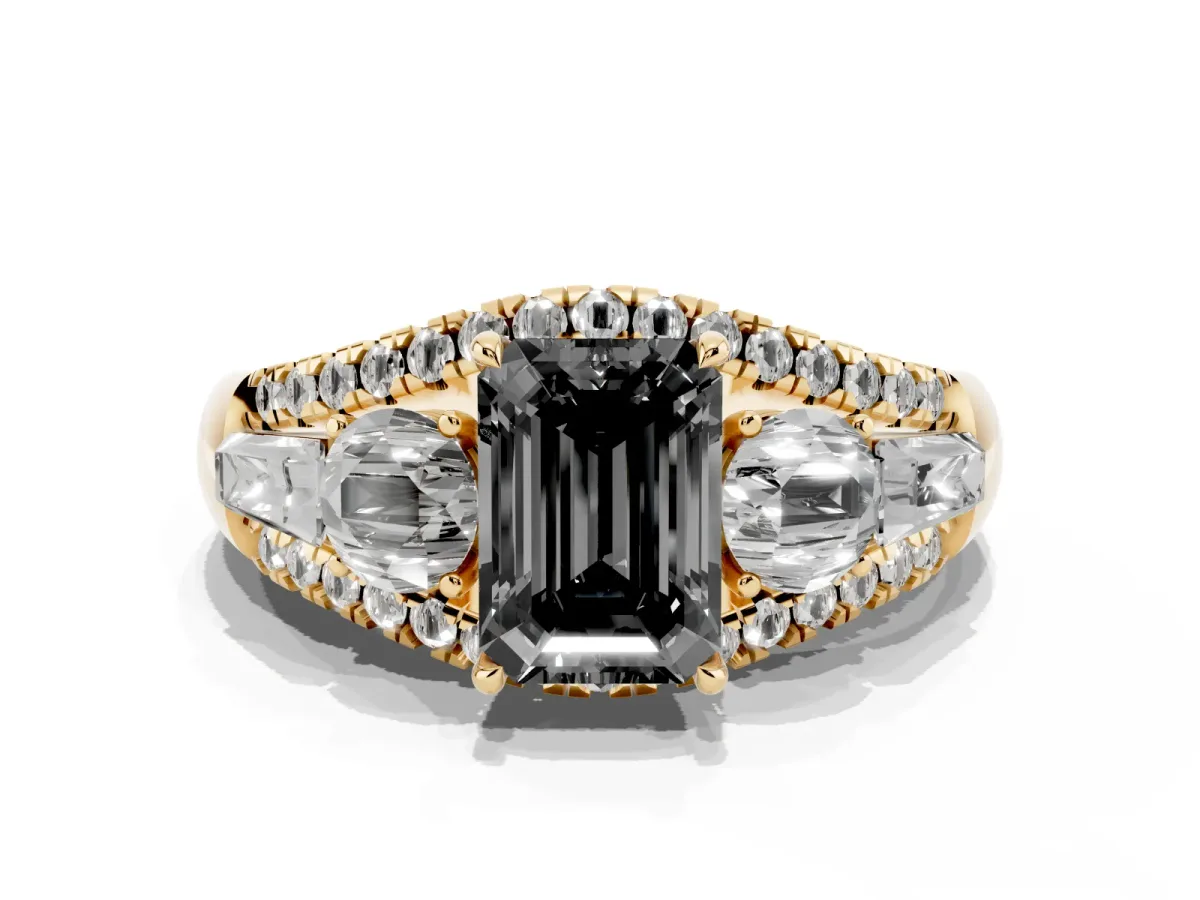 Fancy Black Three-Stone Emerald Cut Diamond Engagement Ring with Pave Band and Prong Setting Yellow gold