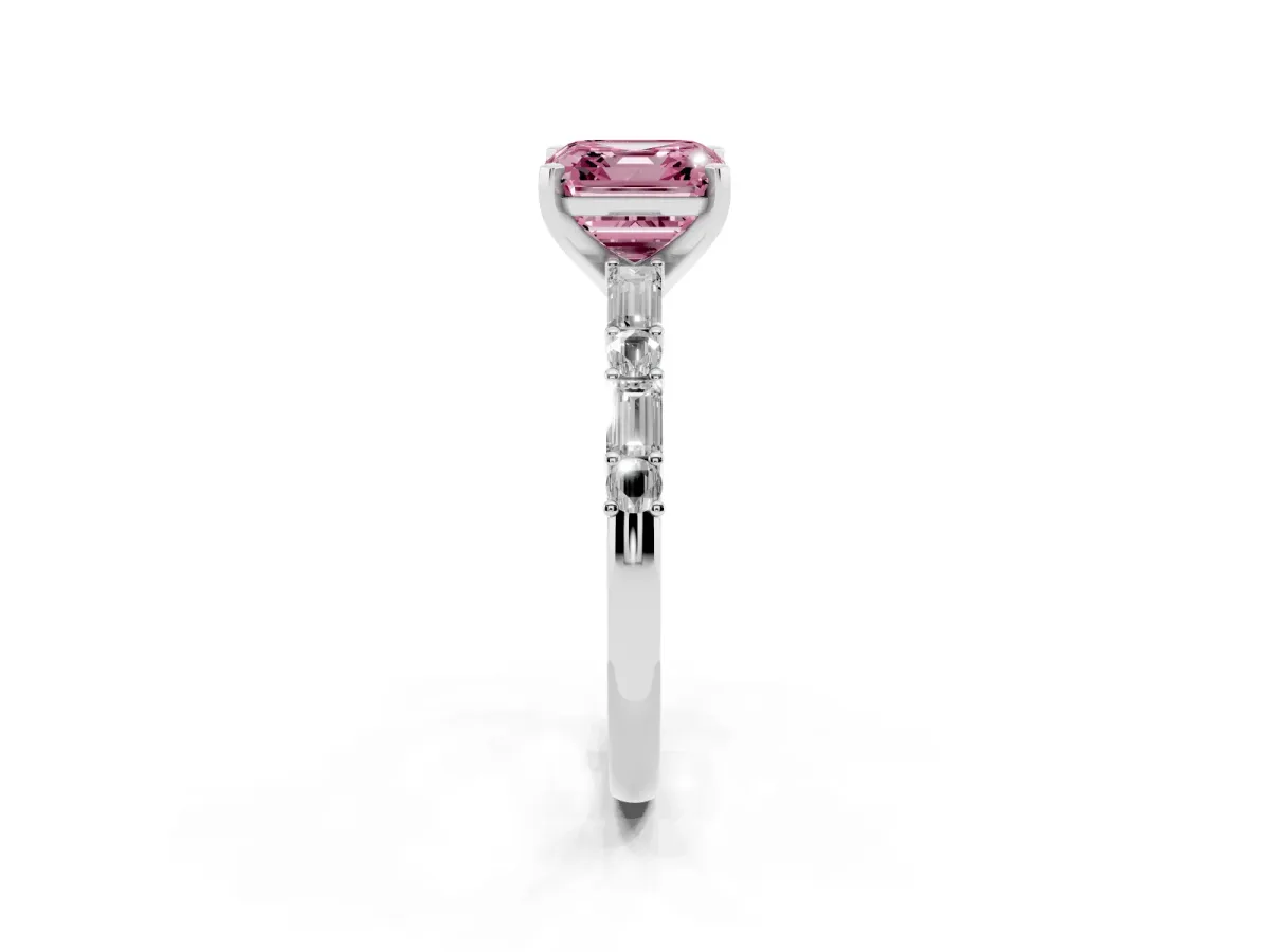 Fancy Pink Asscher Cut Diamond Solitaire with Side Baguettes and Channel Set Band Silver