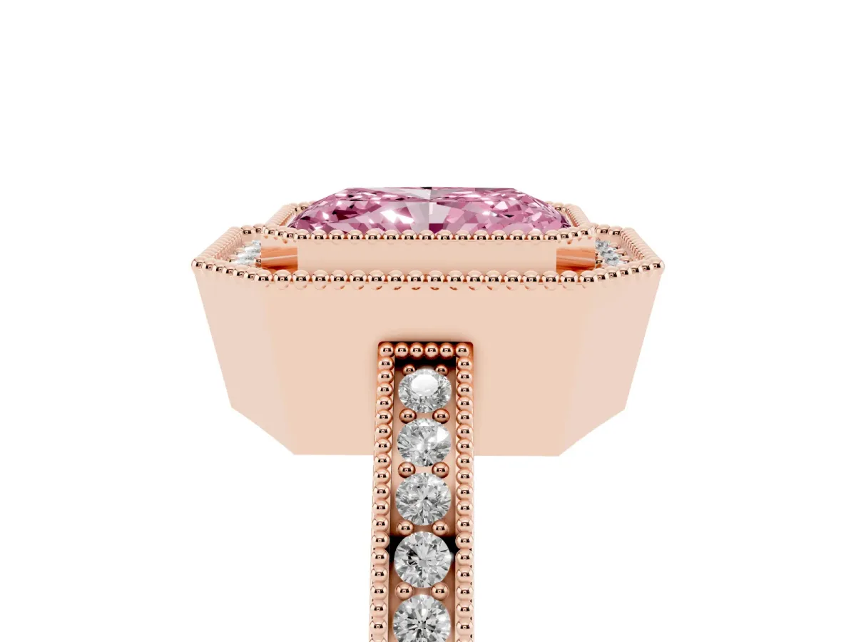 Fancy Pink Radiant Cut Cut Halo Diamond Ring with Pavé Band and Milgrain Prong Setting Rose gold