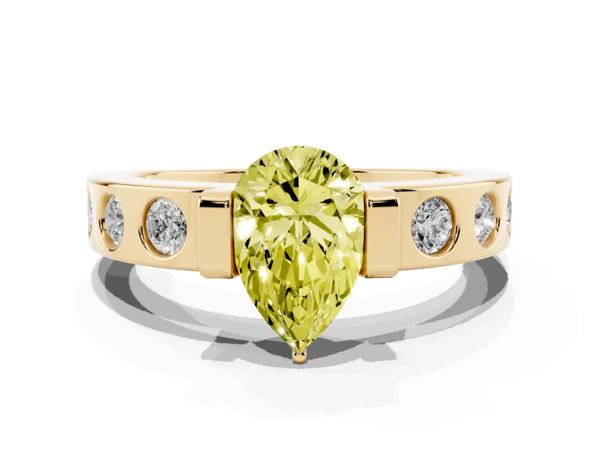 Fancy Yellow Pear Cut Brilliant Channel-Set Diamond Ring with Bezel Prong Setting Yellow gold