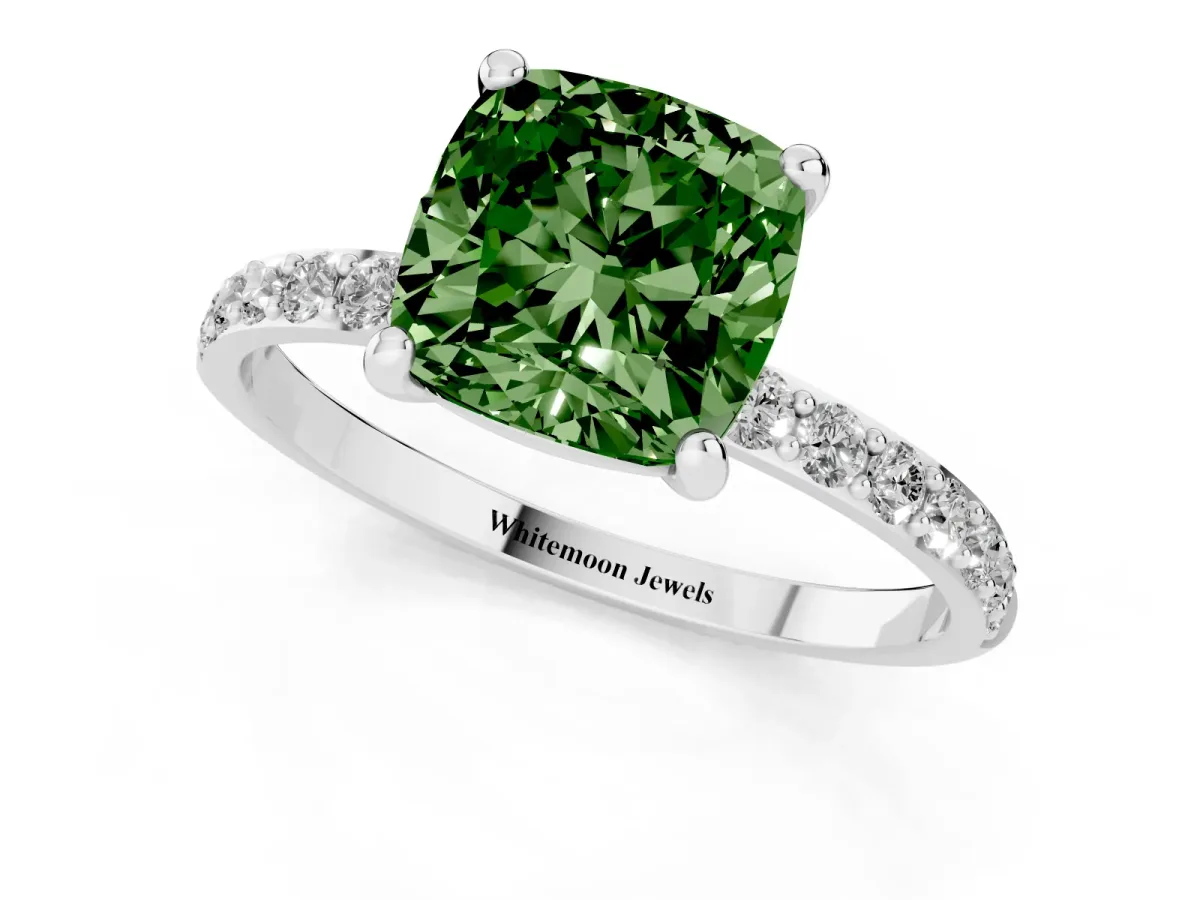 Fancy Green Cushion Cut Diamond Solitaire Ring with Round Pavé Band and Prong Setting Silver
