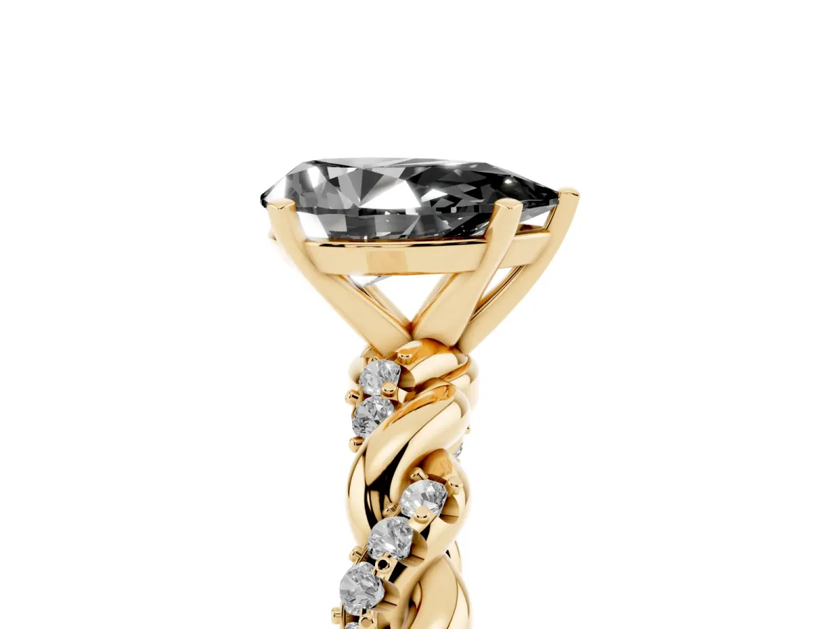 Fancy Black Pear Cut Diamond Solitaire Ring with Twisted Band and Pavé Accents Yellow gold