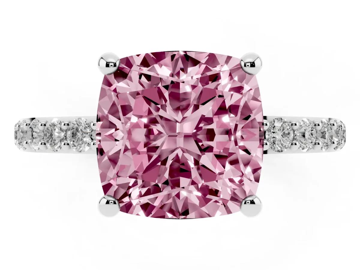 Fancy Pink Cushion Cut Diamond Solitaire Ring with Round Pavé Band and Prong Setting Silver