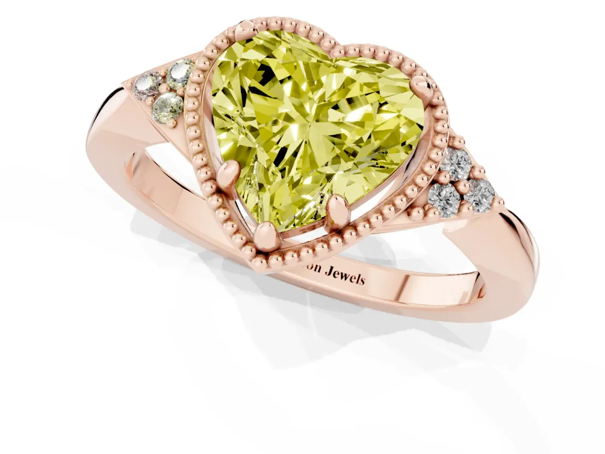 Fancy Yellow Hexagonal Halo Heart Cut Diamond Solitaire with Pavé Band and Four-Prong Setting Rose gold