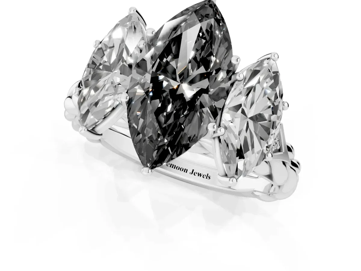 Fancy Black Three-Stone Marquise Cut Diamond Braided Band Ring with Four-Prong Setting Platinum