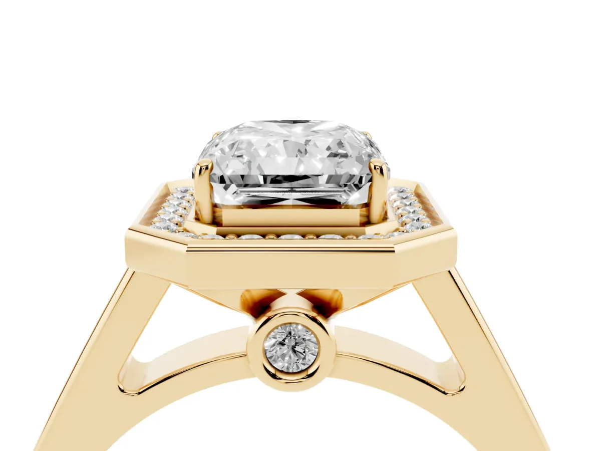 Emerald Cut Halo Solitaire Diamond Ring with Pave Band and Bezel Setting Yellow gold