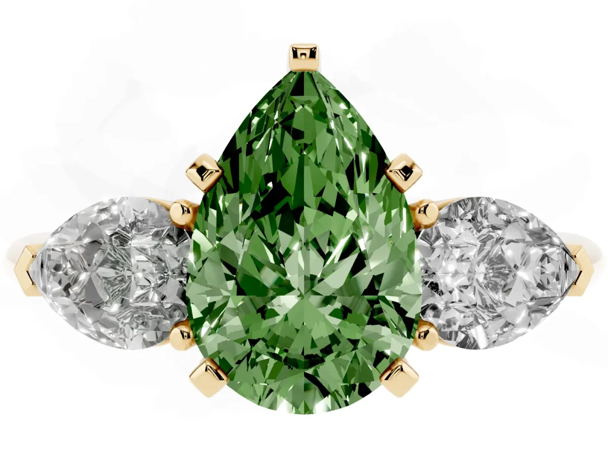 Fancy Green Three-Stone Pear Cut Diamond Ring with Pear Side Stones and Four-Prong Setting Yellow gold