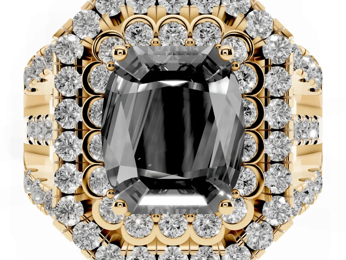 Fancy Black Emerald Cut Diamond Double Halo Ring with Round Pavé Split Shank and Prong Setting Yellow gold