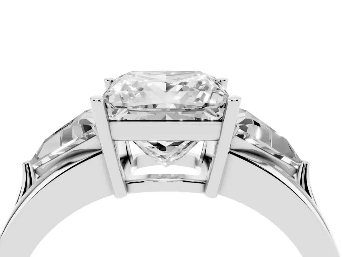 Three-Stone Princess Cut Cut Diamond Ring with Trillion Side Stones on a Split Shank Band Silver