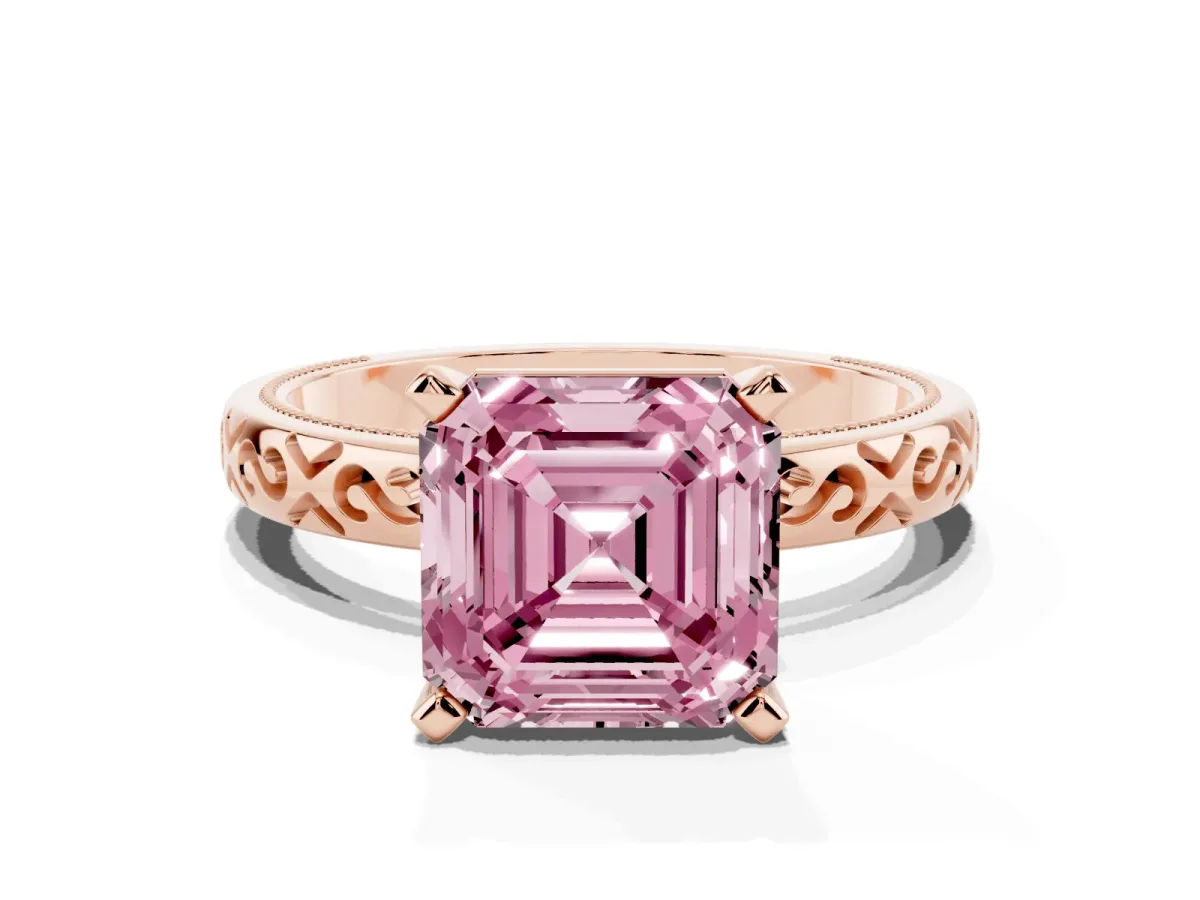 Fancy Pink Asscher Cut Solitaire Engagement Ring with Scrollwork Band and Four-Prong Setting Rose gold