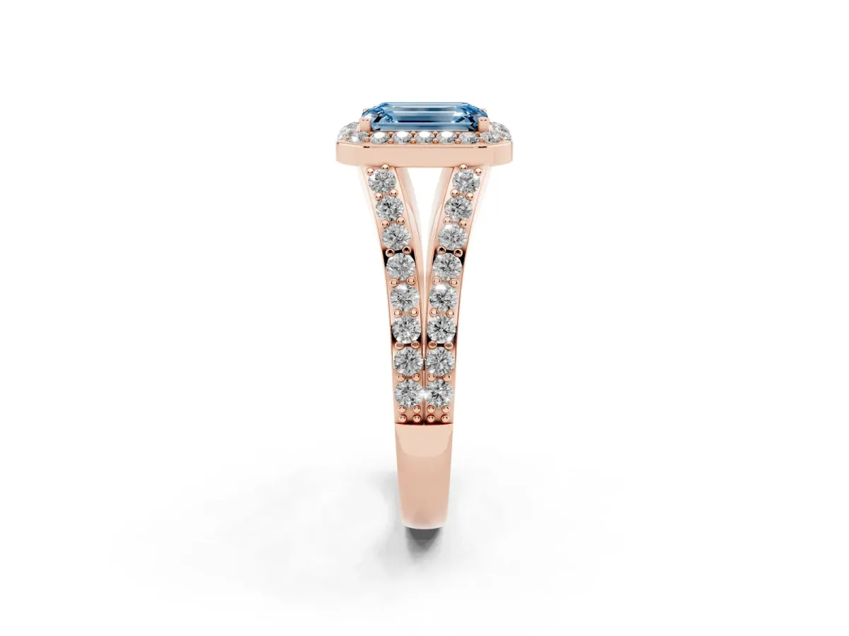 Fancy Blue Emerald Cut Diamond Split Shank Halo Ring with Four-Prong Setting Rose gold
