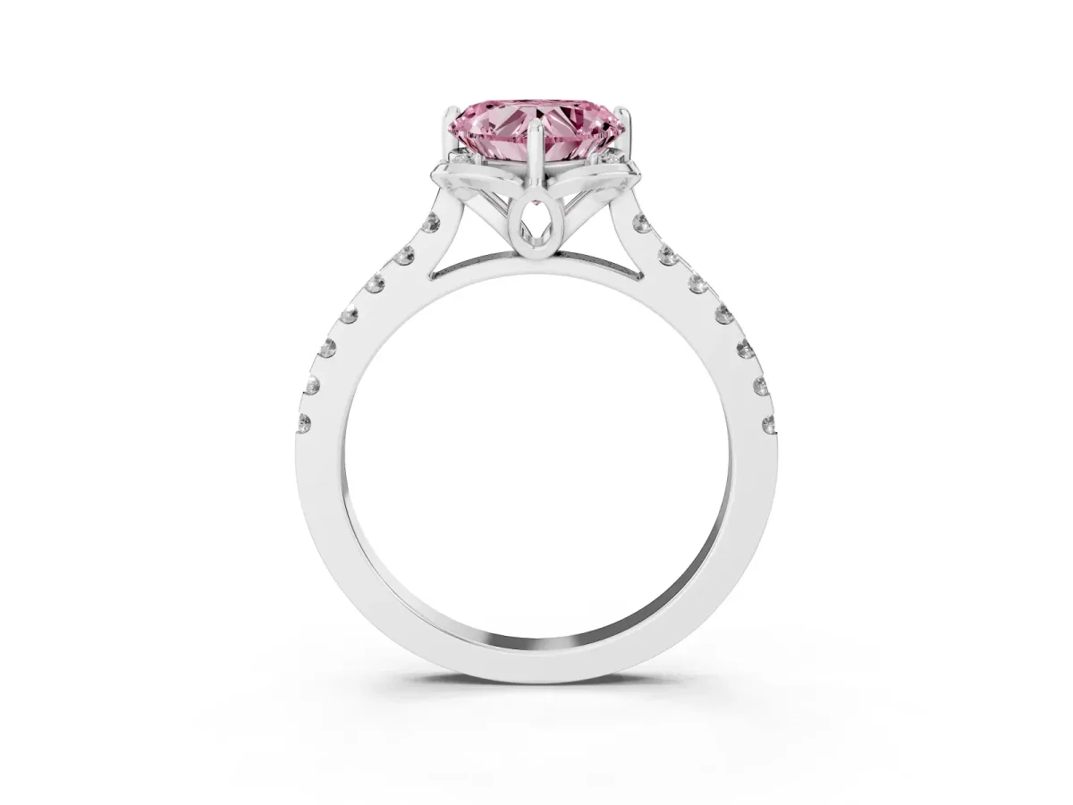 Fancy Pink Heart Cut Diamond Ring with Pavé Band and Floral Prong Setting Platinum
