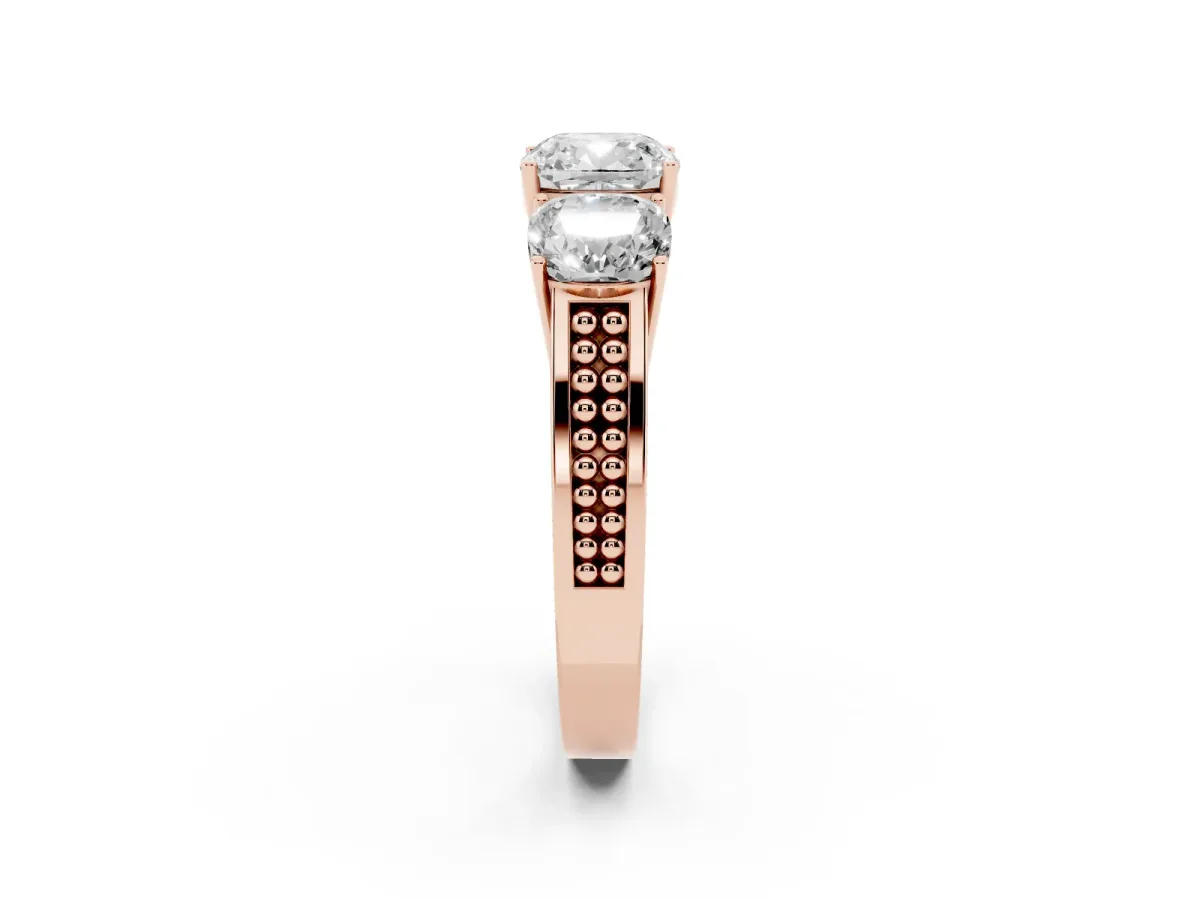 Cushion Cut Diamond Three-Stone Ring with Prong Setting and Textured Band Rose gold