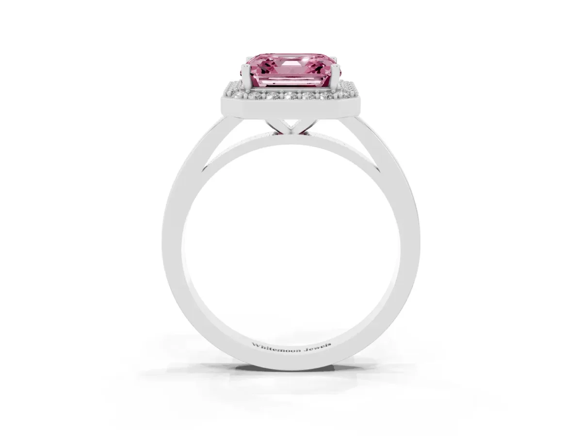 Fancy Pink Asscher Cut Halo Diamond Ring with Solitaire Band and Prong Setting White gold