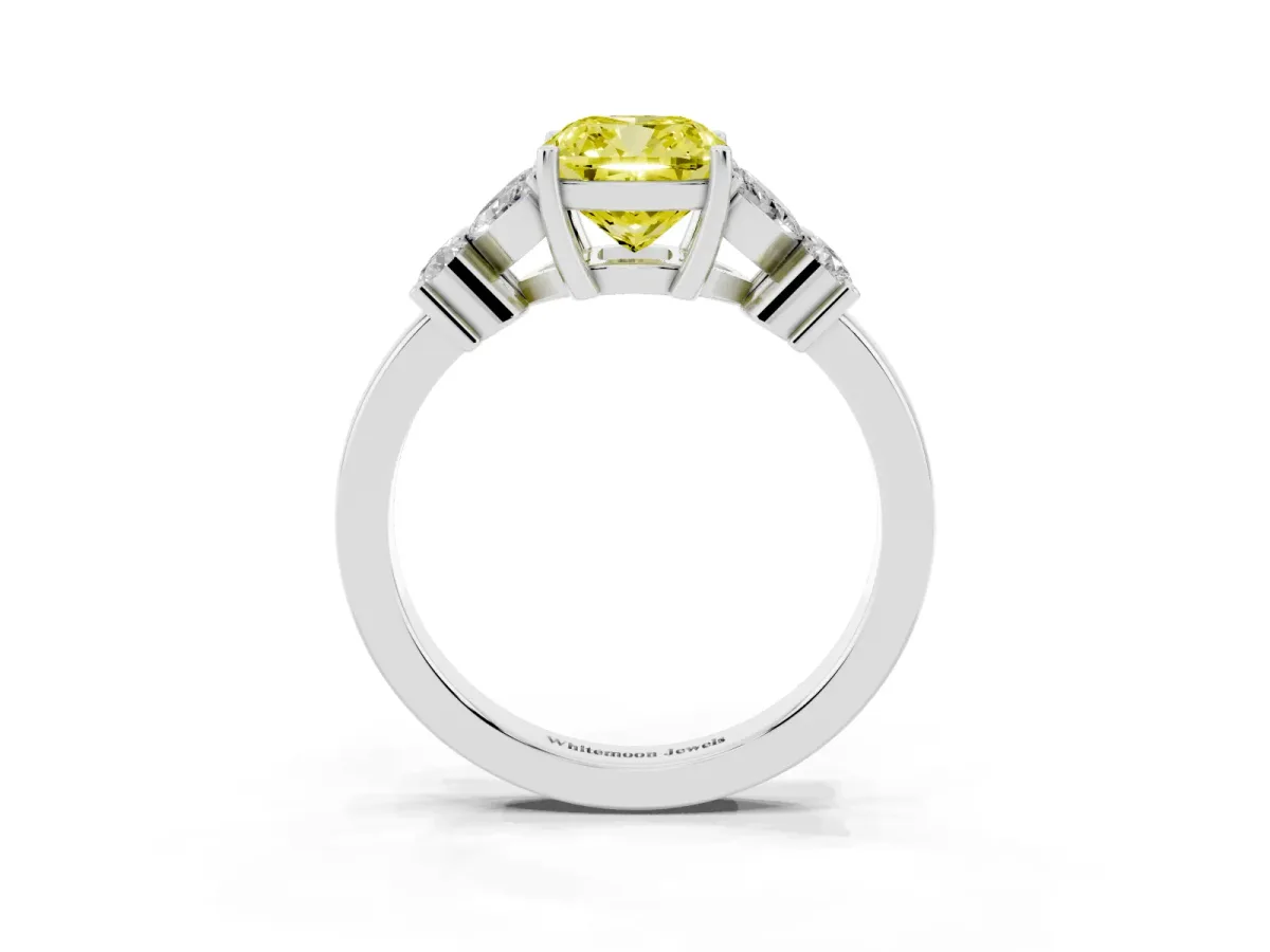 Fancy Yellow Cushion Cut Diamond Floral Cluster Ring with Solitaire Band and Prong Setting Silver