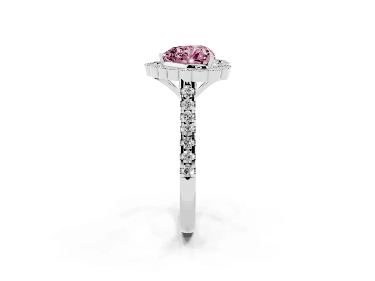 Fancy Pink Heart Cut Cut Diamond Milgrain Floral Halo Engagement Ring with Pavé Band White gold
