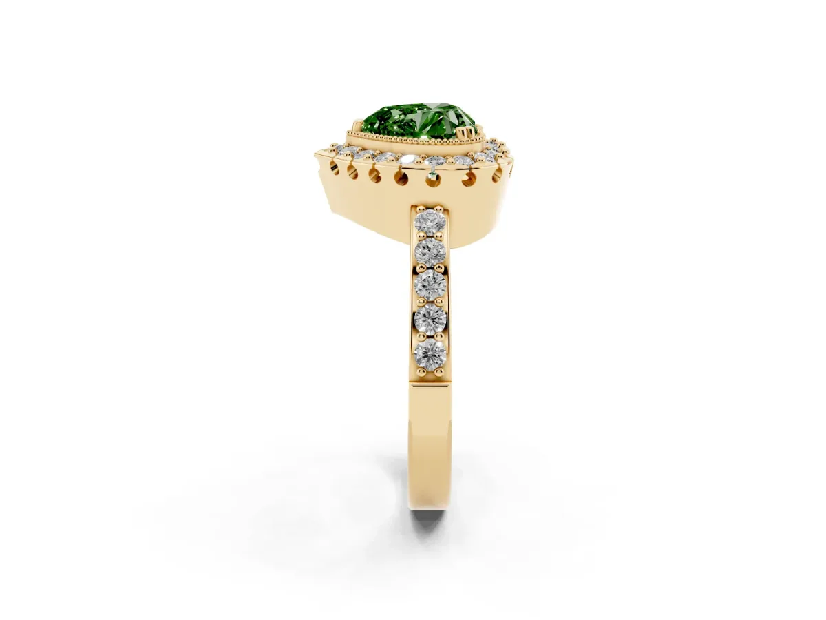Fancy Green Heart Cut Diamond Halo Ring with Pavé Band and Prong Setting Yellow gold
