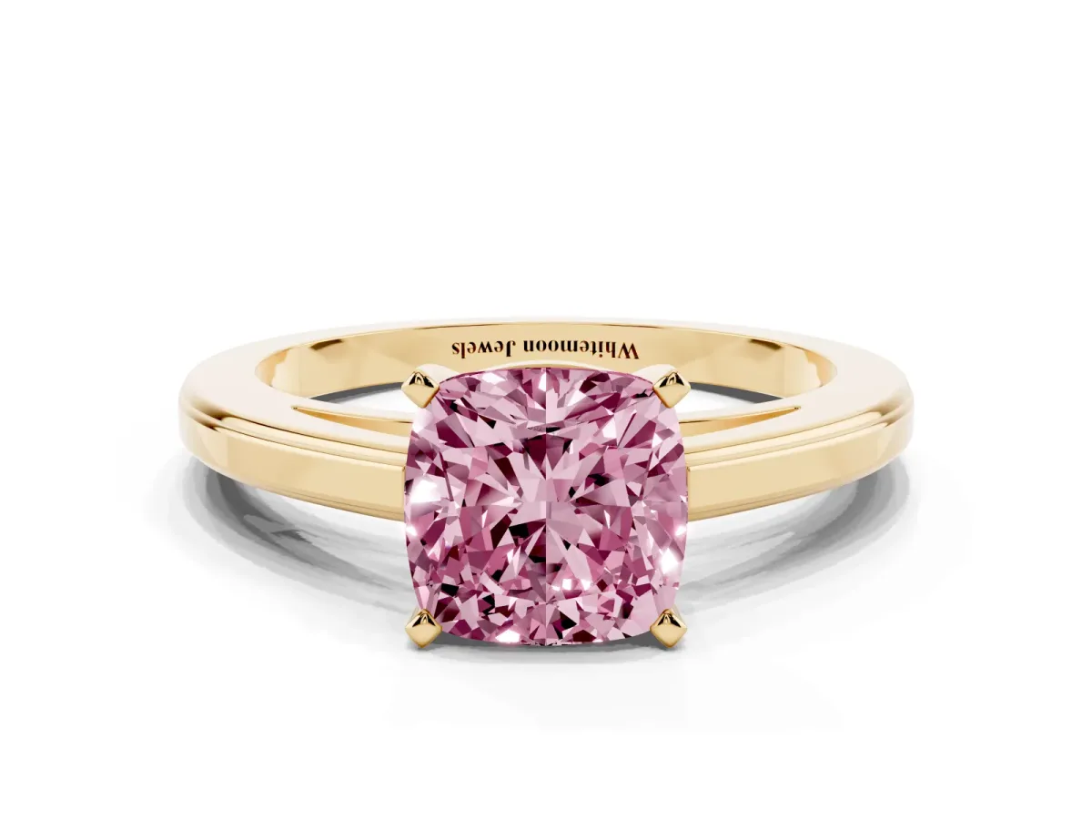 Fancy Pink Cushion Cut Solitaire Diamond Ring with Four-Prong Setting and Classic Band Yellow gold