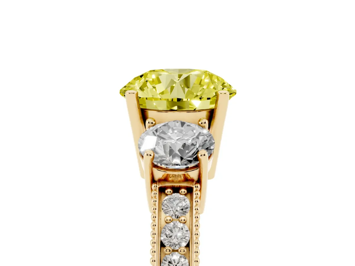 Fancy Yellow Round Cut Three-Stone Diamond Ring with Pavé Band and Four-Prong Setting Yellow gold