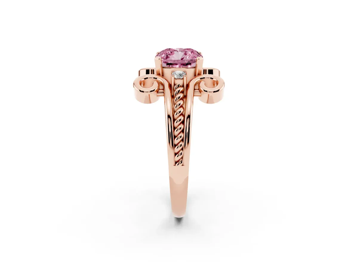 Fancy Pink Cushion Cut Solitaire Twisted Band Scroll Prong Ring Rose gold