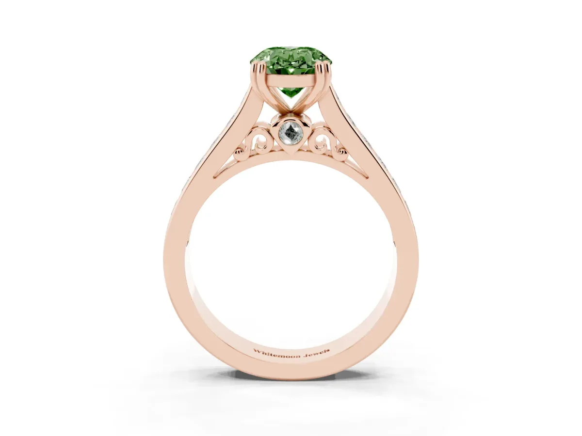 Fancy Green Oval Cut Cut Channel Set Solitaire Engagement Ring with Prong Setting Rose gold