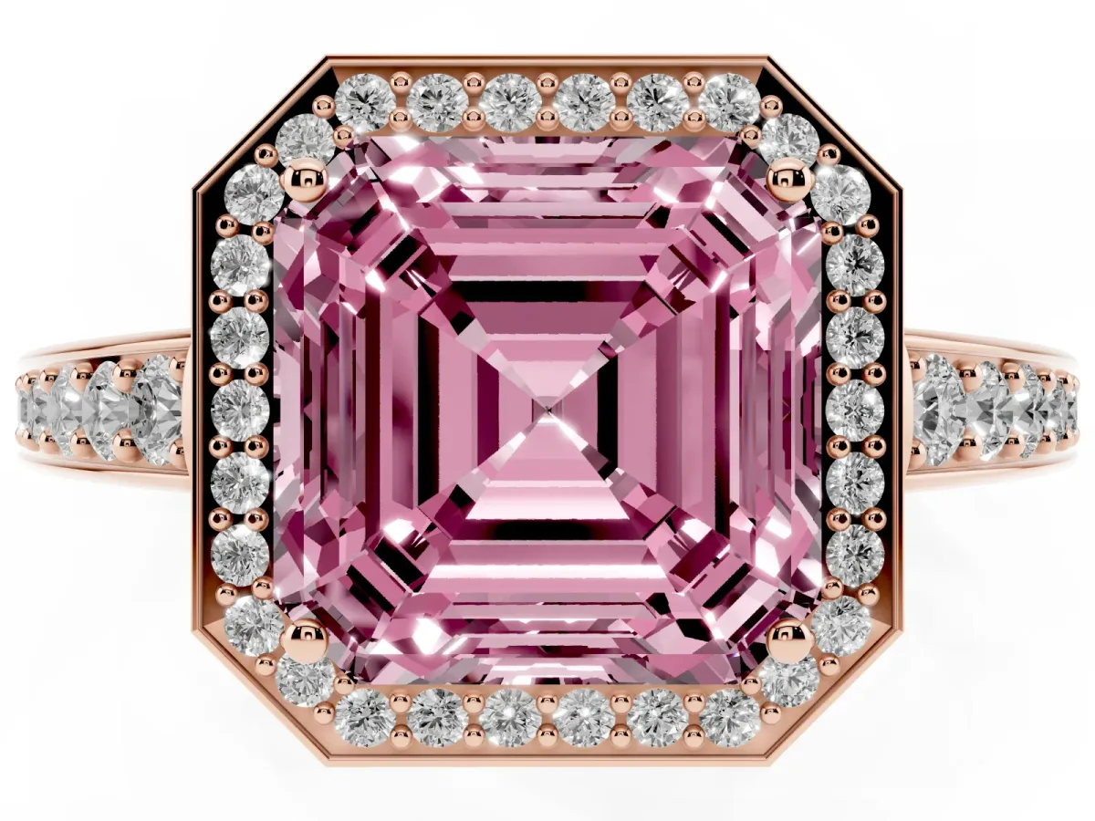 Fancy Pink Asscher Cut Halo Pavé Diamond Engagement Ring with Bezel Setting Rose gold