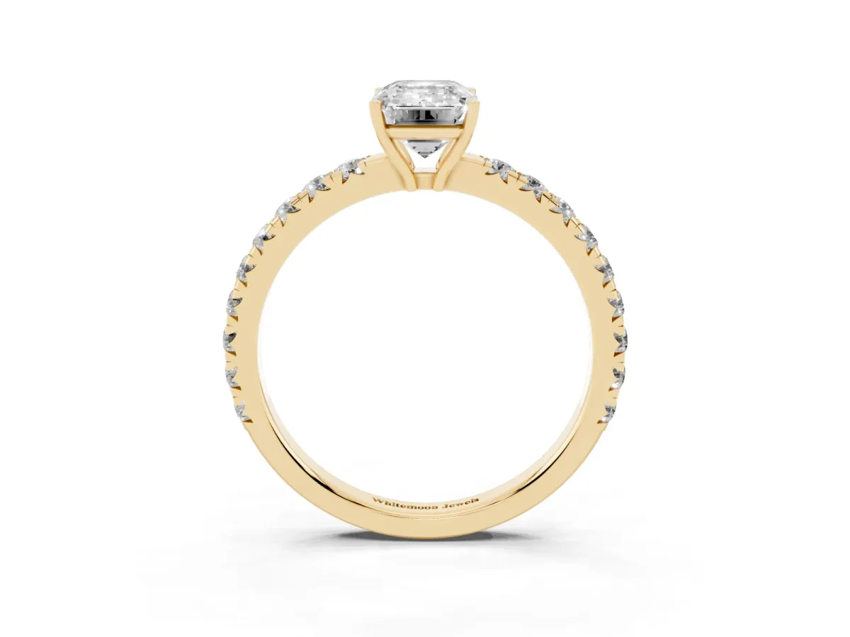 Emerald Cut Diamond Pavé Solitaire Engagement Ring with Four-Prong Setting Yellow gold